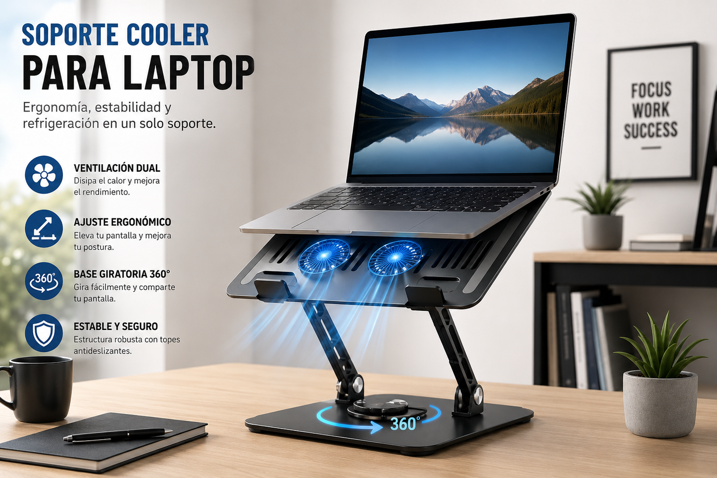 Soporte Cooler Ajustable para Laptop con Ventilación Dual y Base 360°